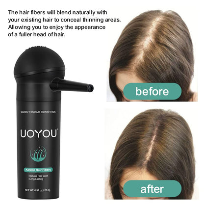 Before and after comparison using Dark Brown keratin hair building fibers to fill out a wide parting line.