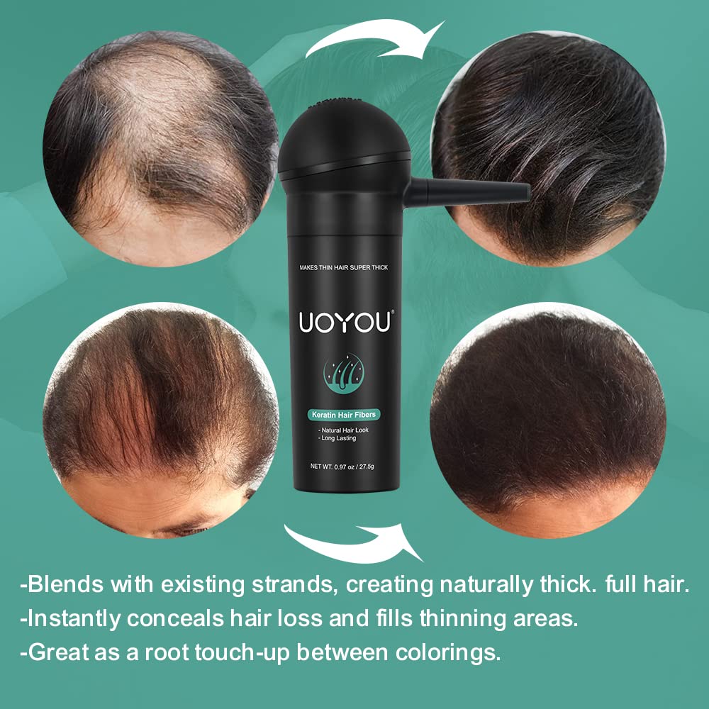 Close-up of the static charged natural keratin fibers demonstrating the fine powder texture and stain-free formulation.