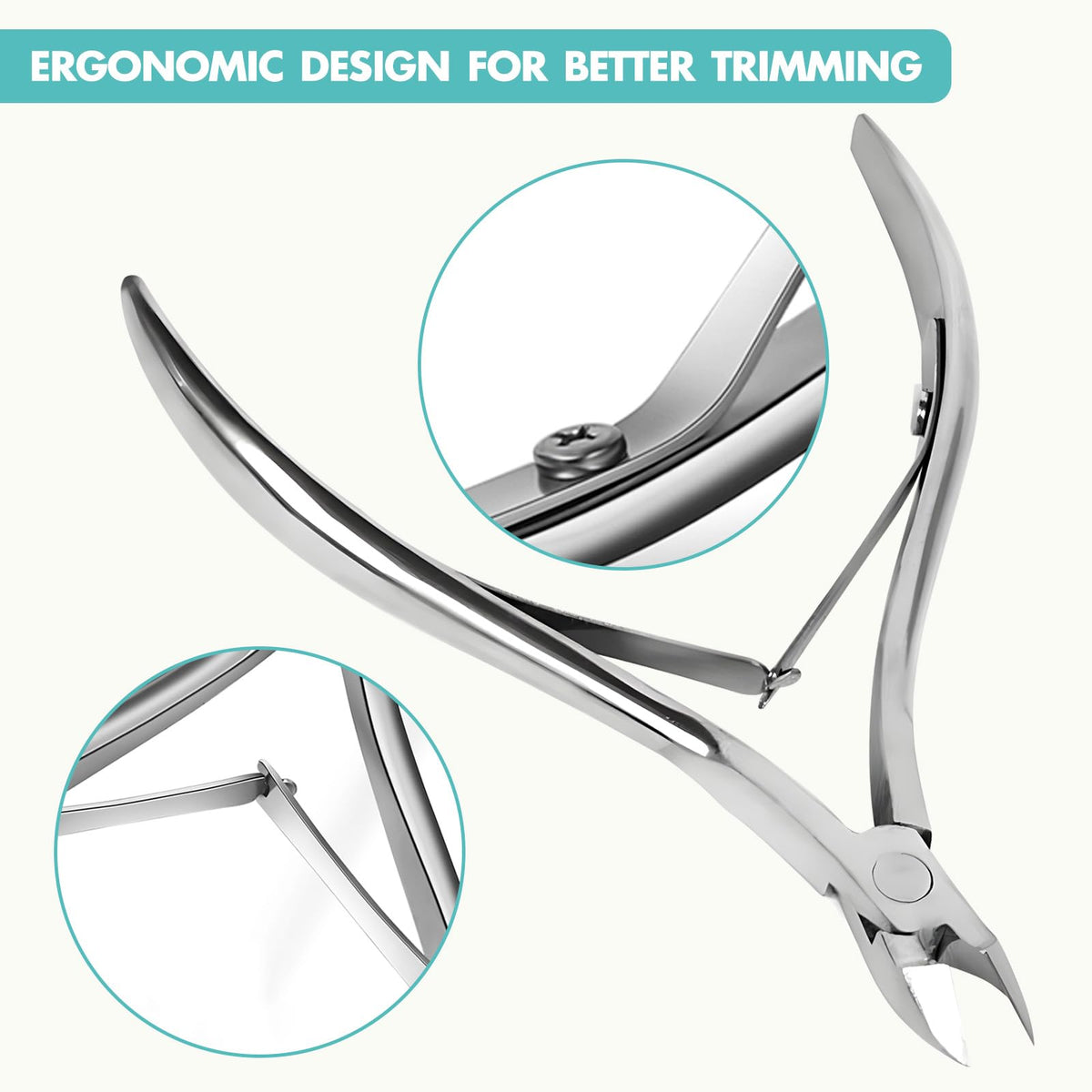Silver stainless steel cuticle trimmer being used safely for precision finger nail grooming.