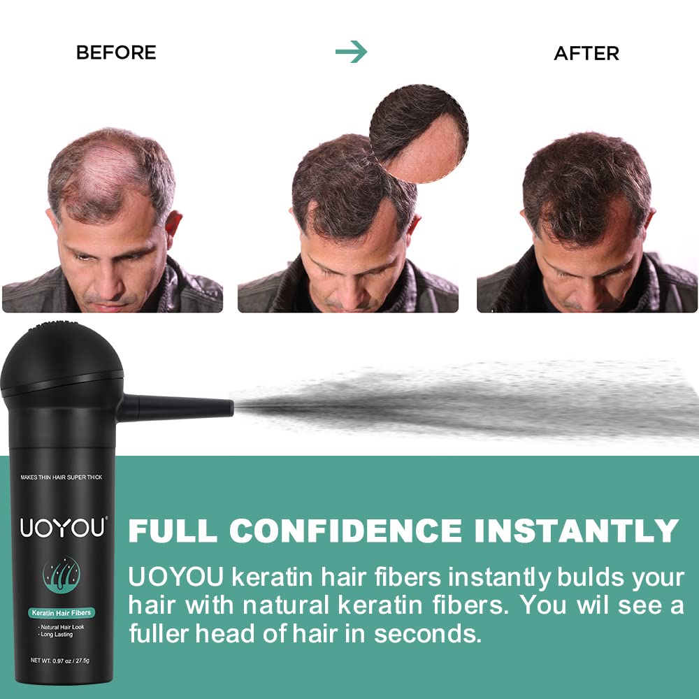 Side angle of the sweat-resistant dark brown hair building powder showcasing the product details and weight measurements.