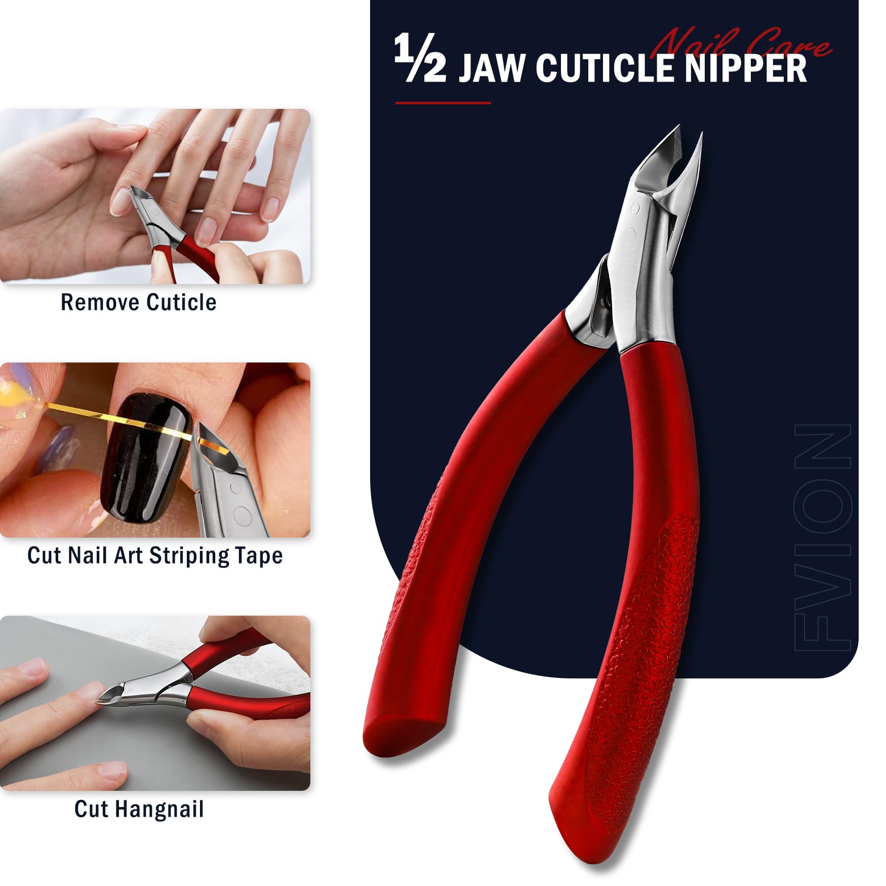 Manicure process demonstrating the precise control of the rubber coated handle cuticle cutter.