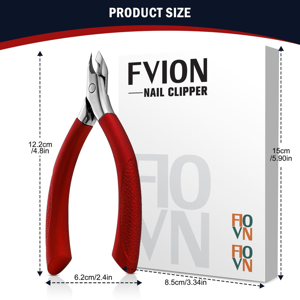 Packaging view of the authentic USA imported FVION premium stainless steel cuticle nipper in red.