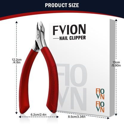 Packaging view of the authentic USA imported FVION premium stainless steel cuticle nipper in red.