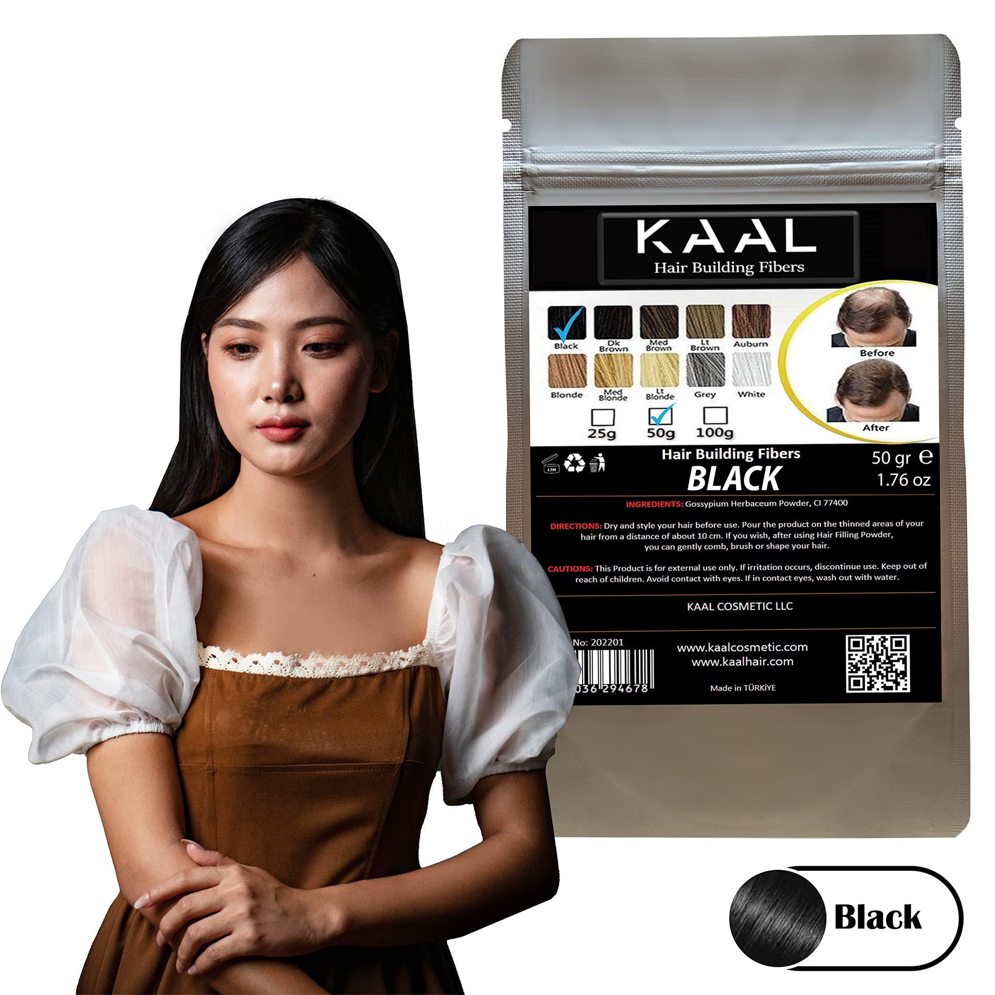 KAAL hair building fibers refill bag illustrating the natural keratin texture and black color details.