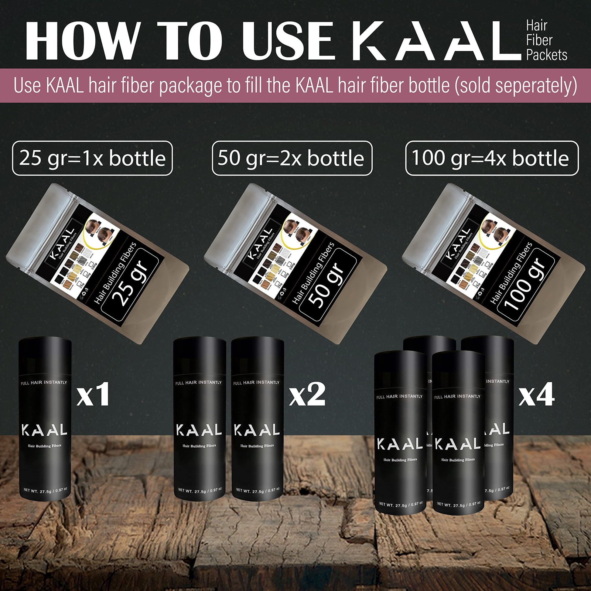 KAAL hair thickening fibers packaging displaying the full ten shade selection chart for men and women.