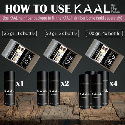 KAAL hair thickening fibers packaging displaying the full ten shade selection chart for men and women.