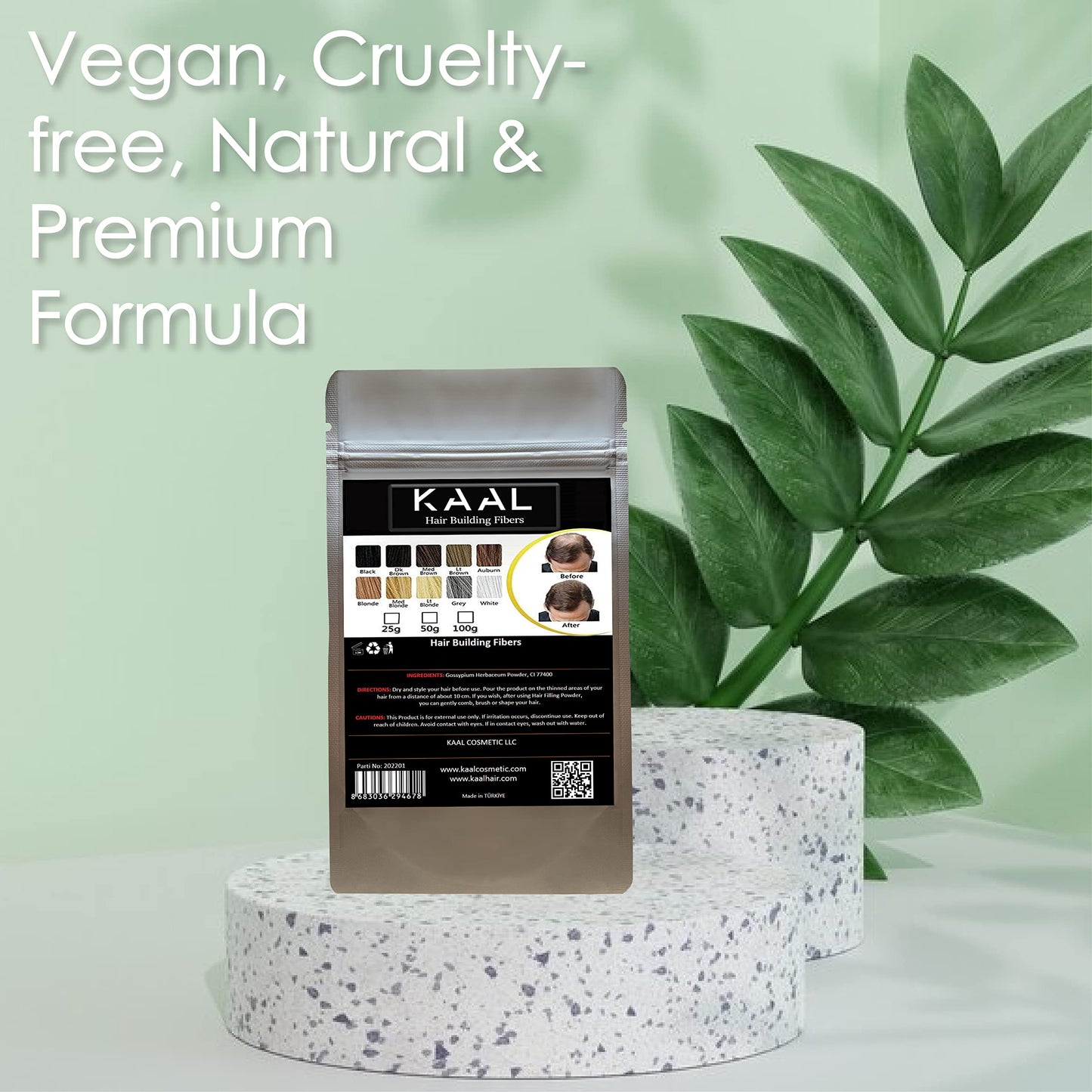KAAL black hair building fibers displaying manufacturing details and official product specifications.