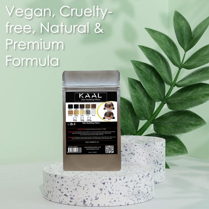 KAAL black hair building fibers displaying manufacturing details and official product specifications.