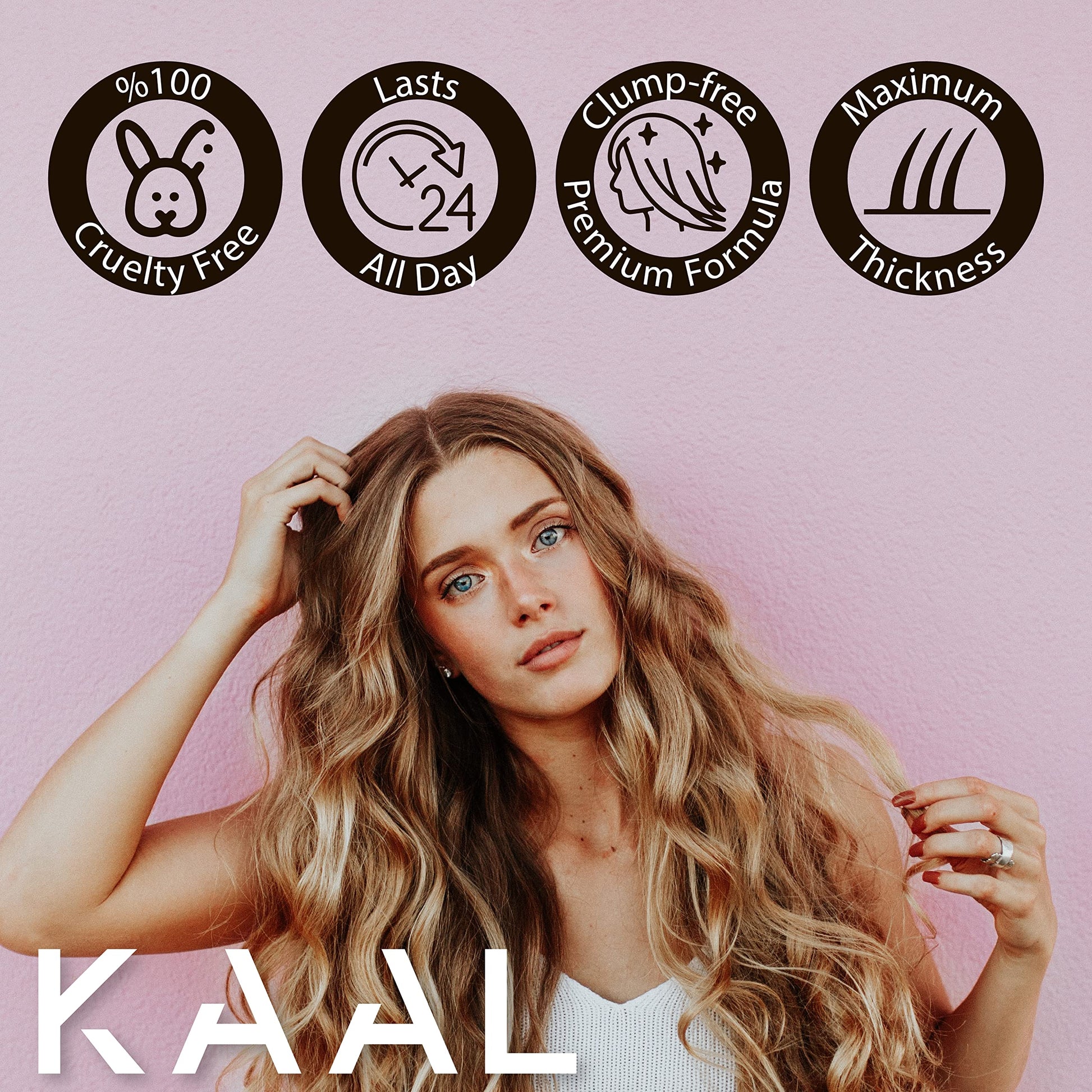KAAL hair loss concealer pack showing volume size of fifty grams and weather resistant certification.