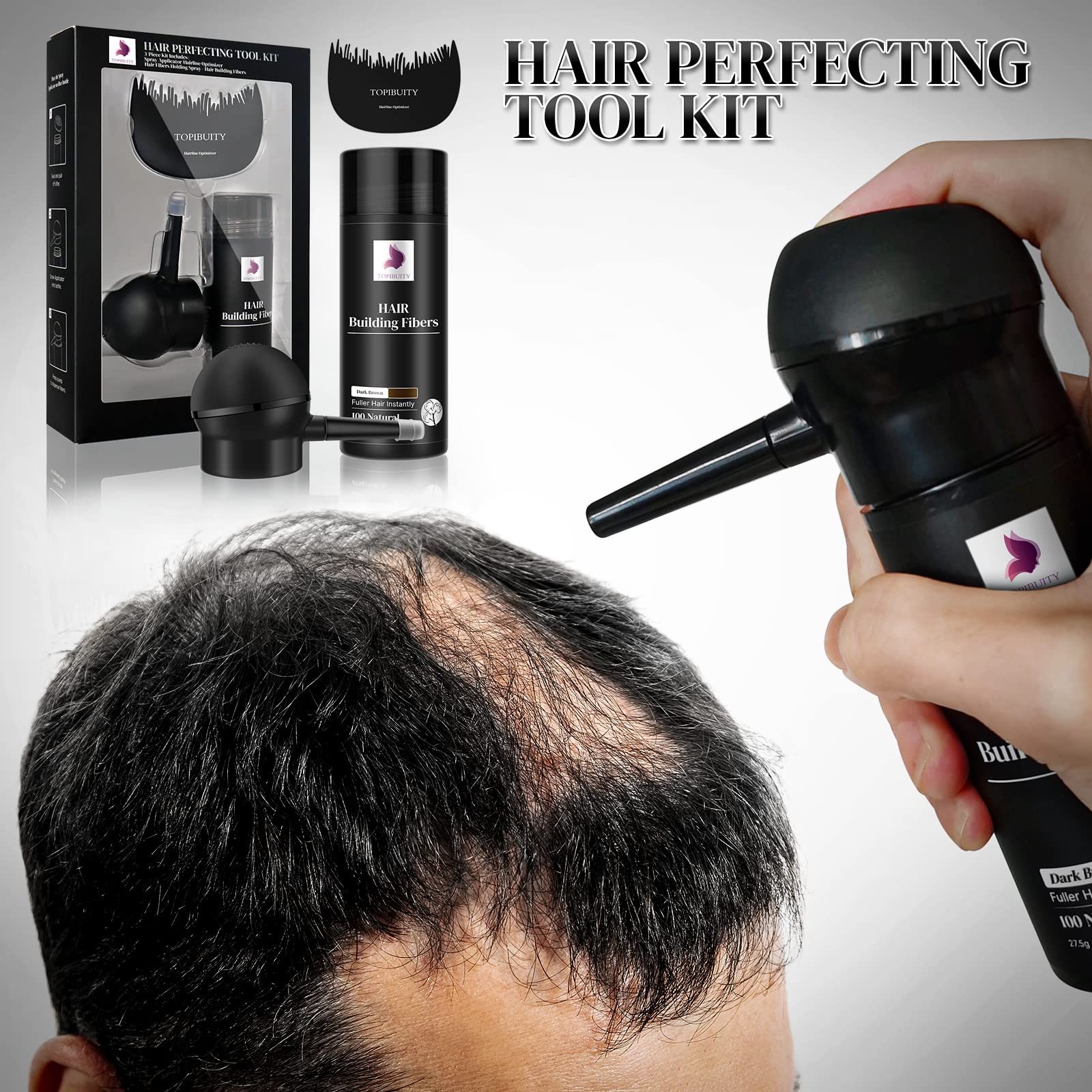 Topibuity 3-in-1 hair concealer kit with the hairline optimizer tool for precise styling.