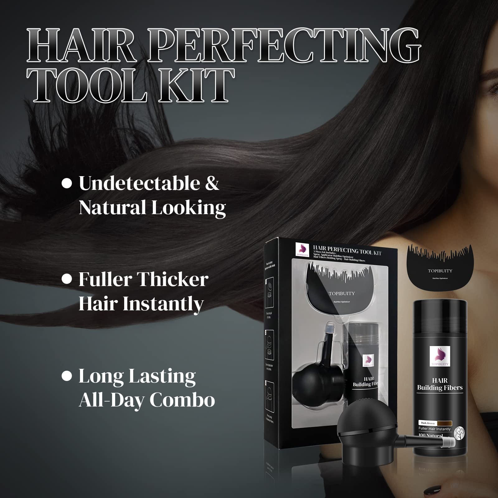 Close-up view of the precision spray nozzle attachment on the Topibuity hair thickener bottle.