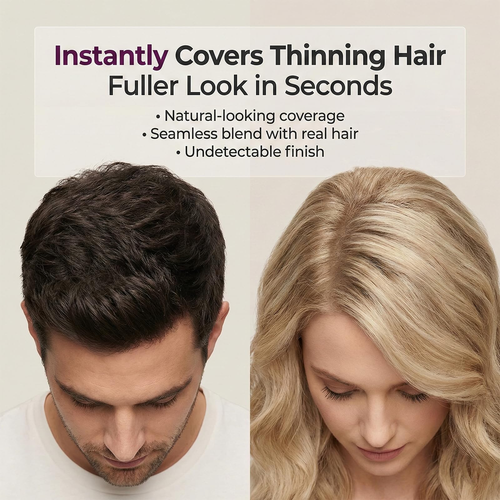 Natural looking hair thickening powder applied on dry hair to cover thinning spots