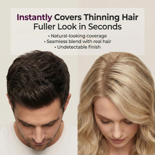 Natural looking hair thickening powder applied on dry hair to cover thinning spots