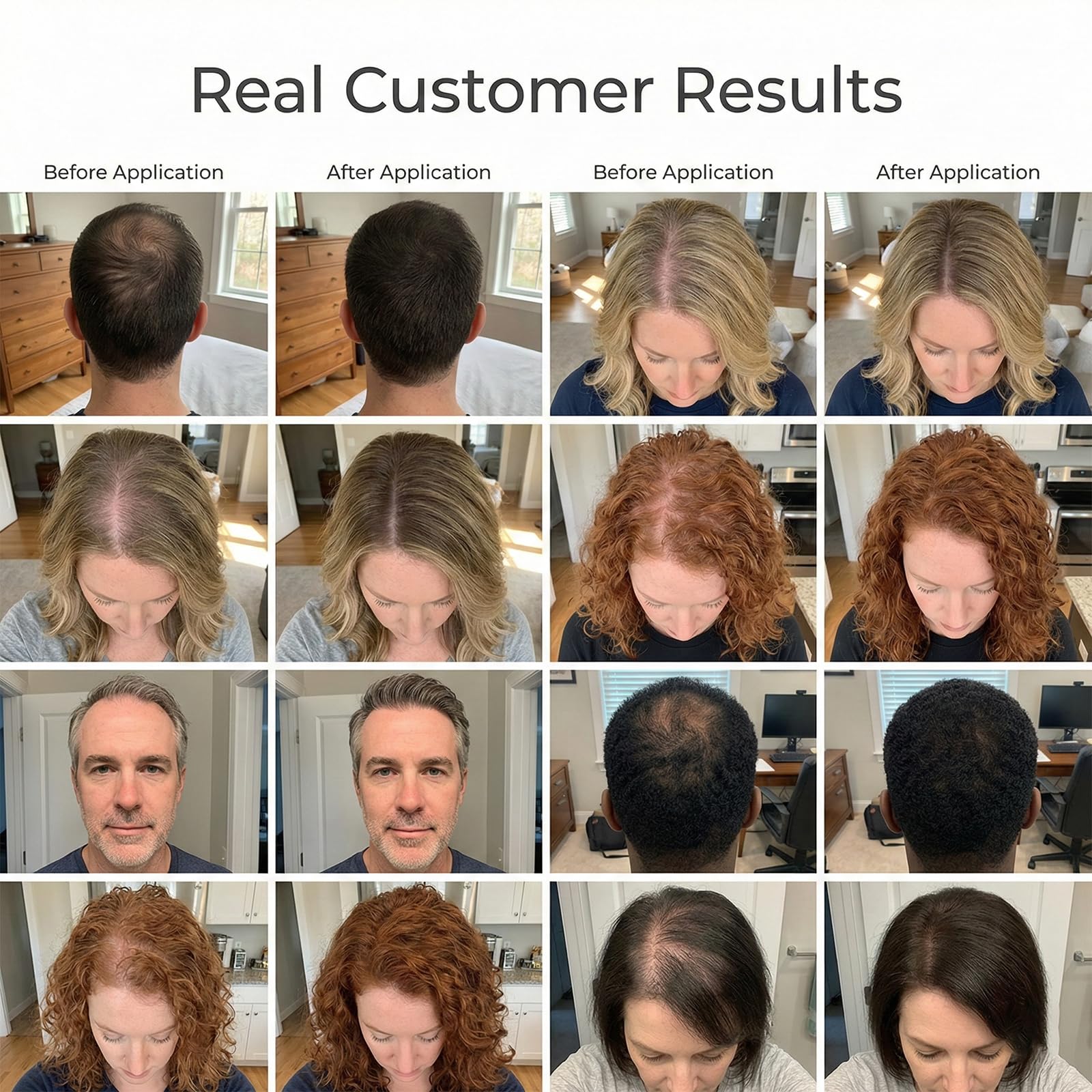 Dark brown hair building fibers before and after illustration for volume enhancement