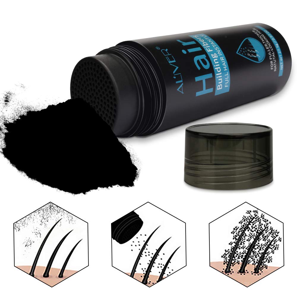 Close up of black keratin hair fibers container for thinning hair care.