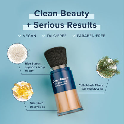 Truhair Color Fibers packaging highlighting the clean, vegan formula ingredients.
