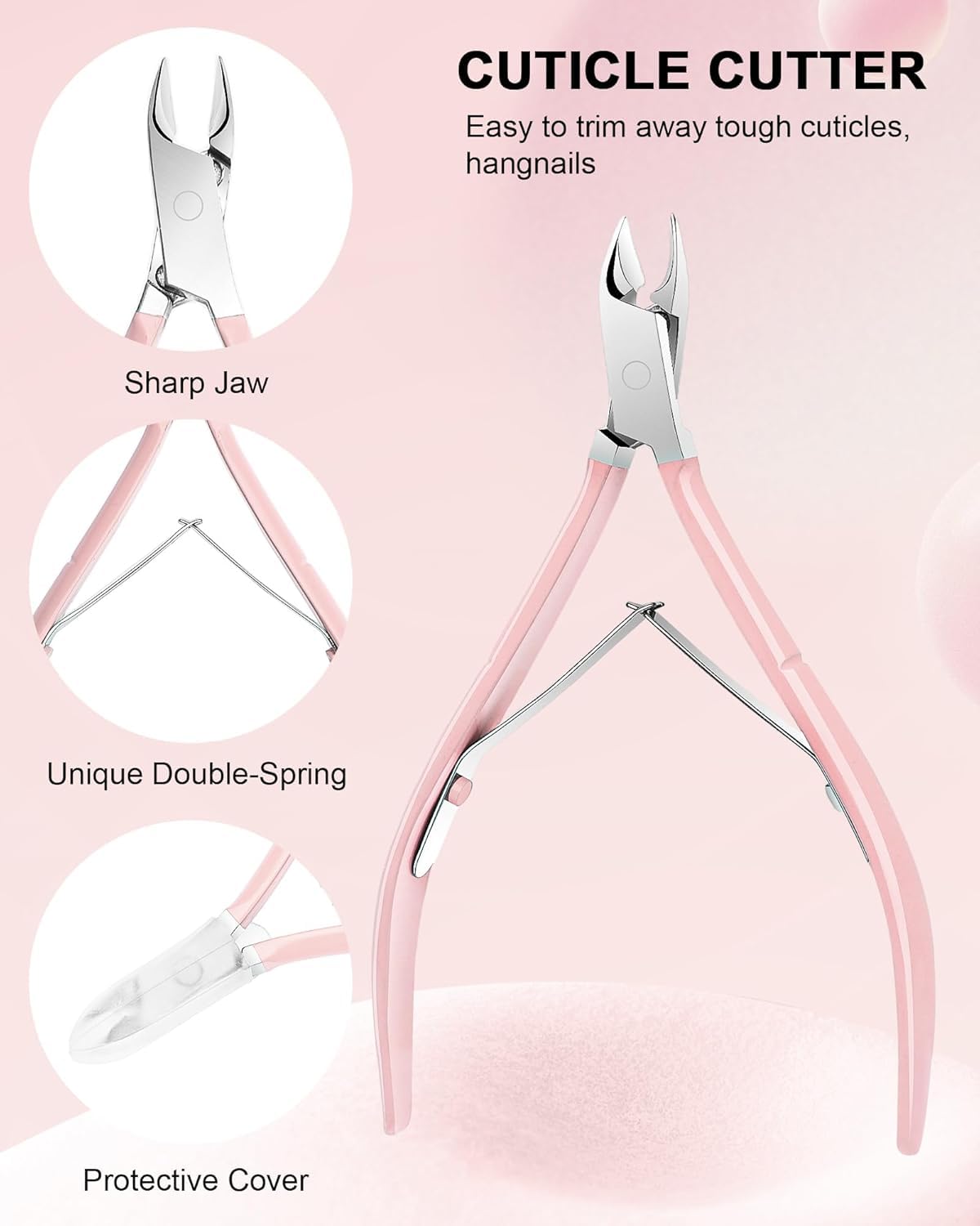 Stainless steel cuticle nipper with sharp 20 degree angled jaw close up