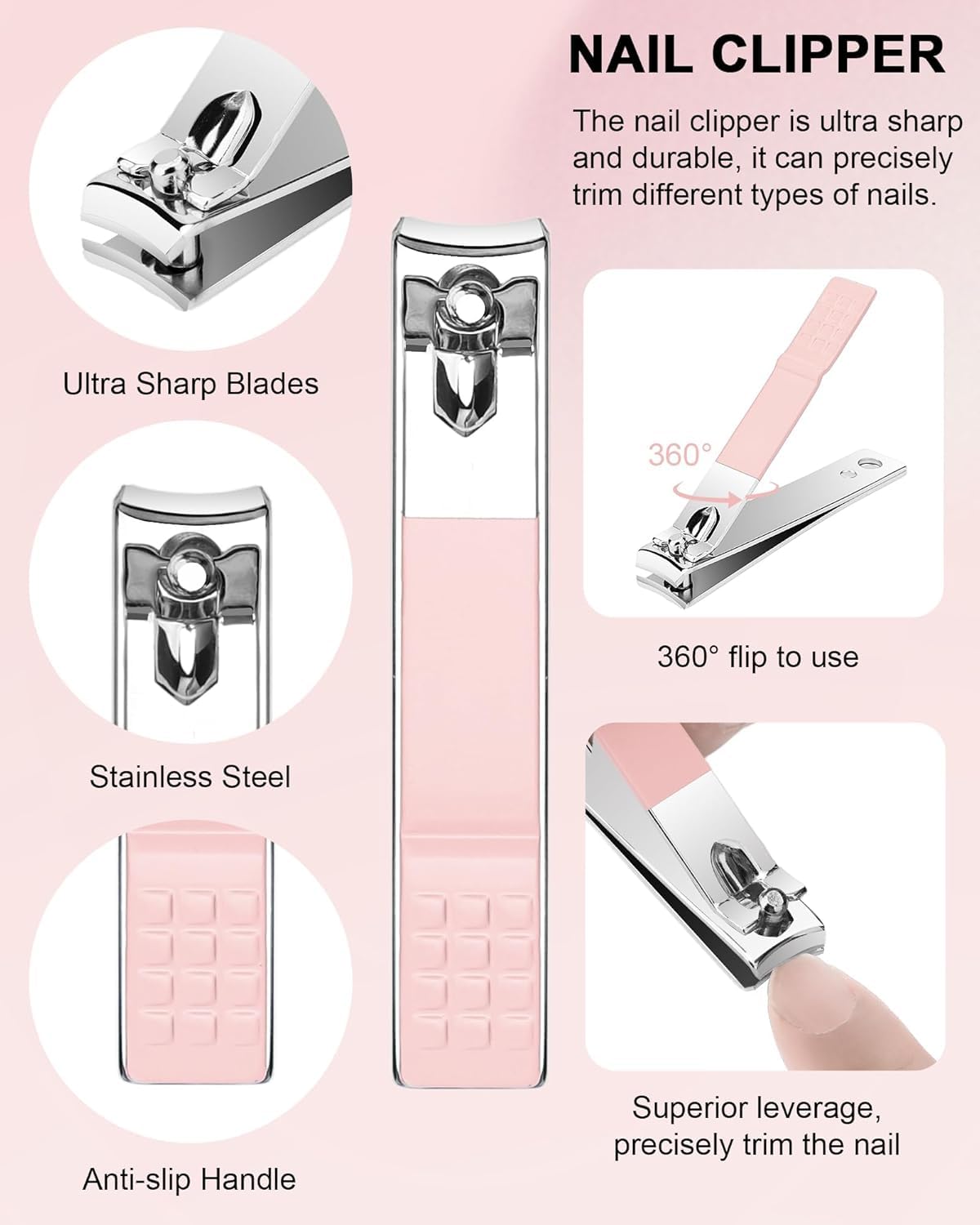 Four piece professional pedicure and manicure tool set arranged inside its protective case