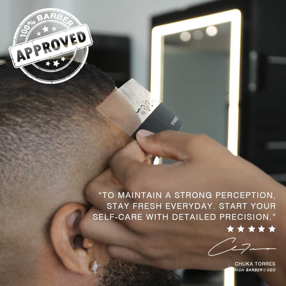 Side view of the flexible plastic template bending smoothly around a jawline for a precise beard cut.