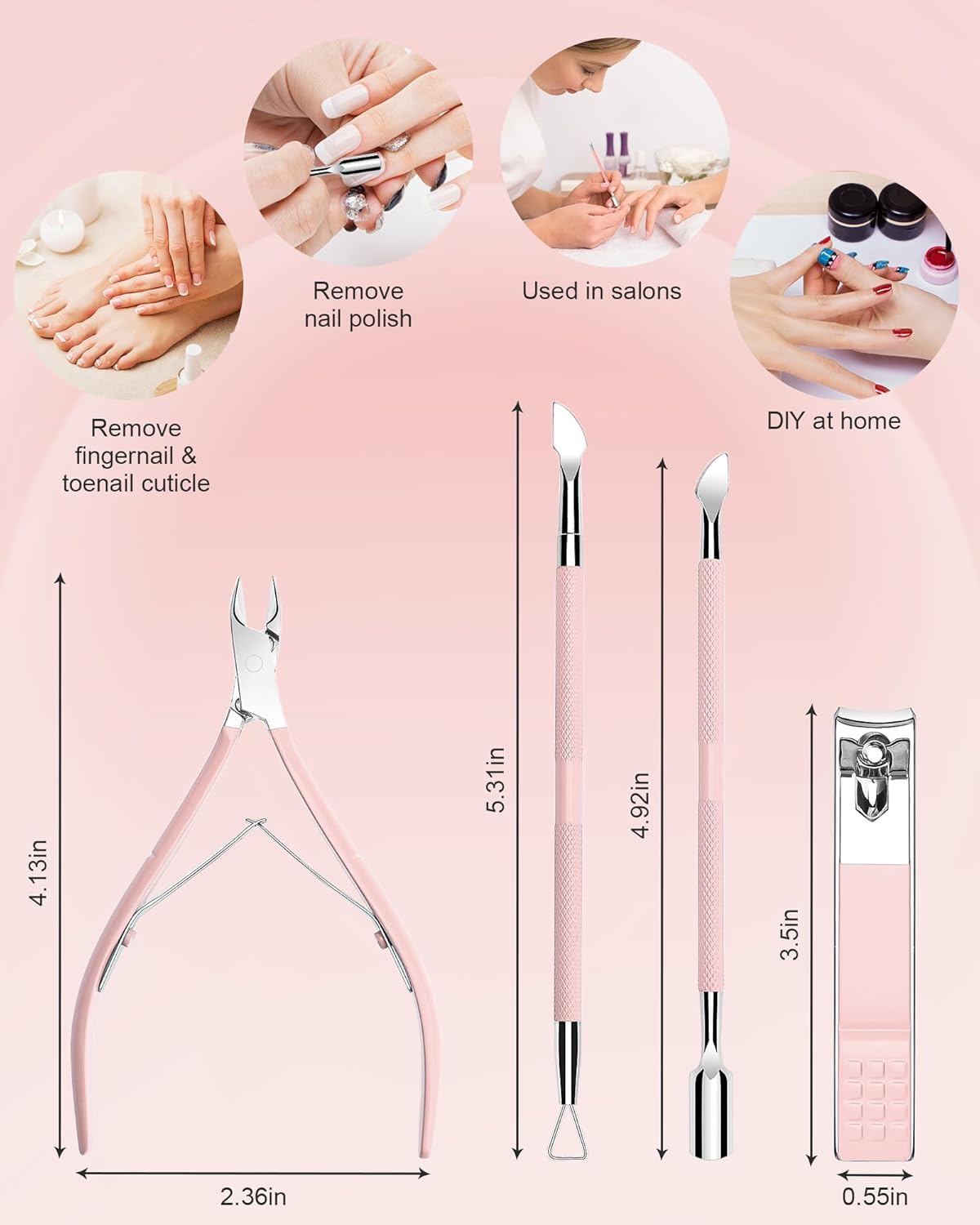 Compact travel friendly pink manicure tools set displayed on a clean background