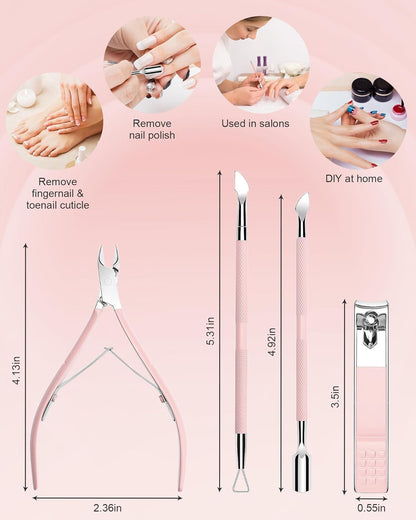 Compact travel friendly pink manicure tools set displayed on a clean background
