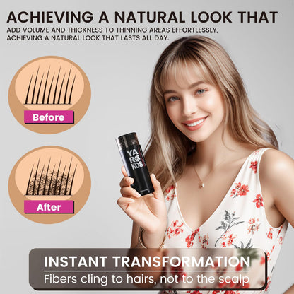 Yargkos black hair building fibers bottle showcasing natural look cosmetic scalp coverage.