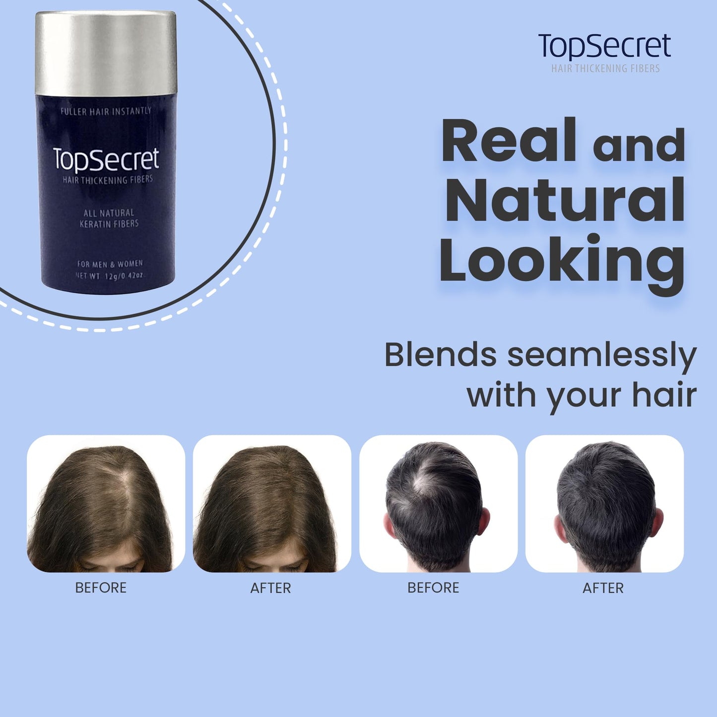 Top Secret hair building fibers for men and women side view showing product information labels