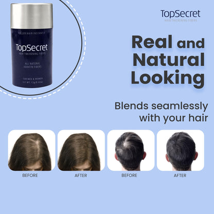 Top Secret hair building fibers for men and women side view showing product information labels