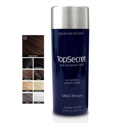 Top Secret keratin building fibers packaging highlighting paraben free and weather resistant features