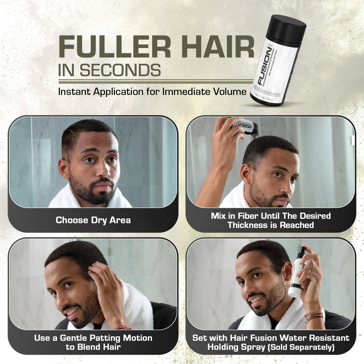 Black hair building fibers by HairFusion demonstrating natural hair thickening solution side angle
