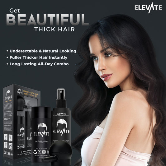 ELEVATE hair thickening fibers package contents including locking spray bottle and precision applicator tool