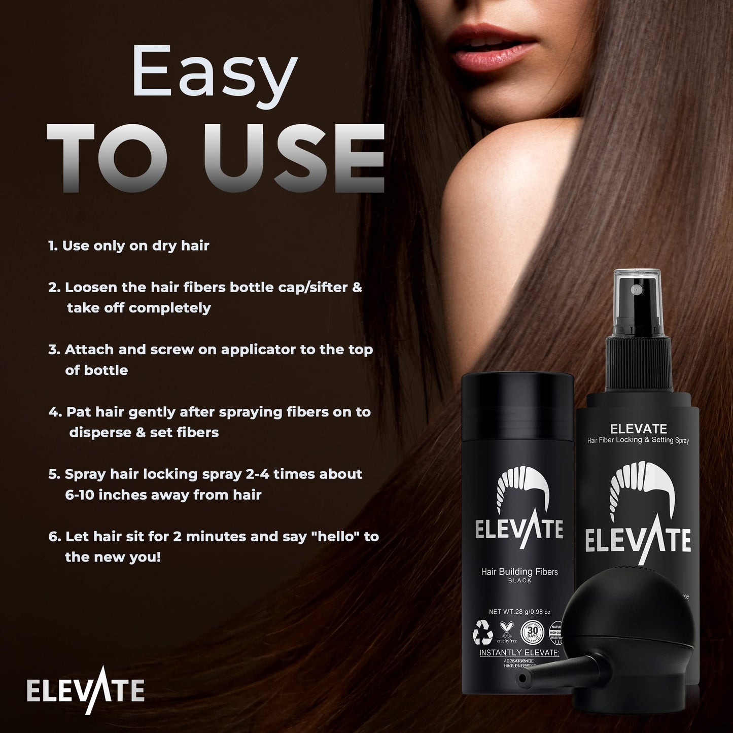 ELEVATE hair concealing system packaging showcasing the premium three piece grooming set for thinning areas