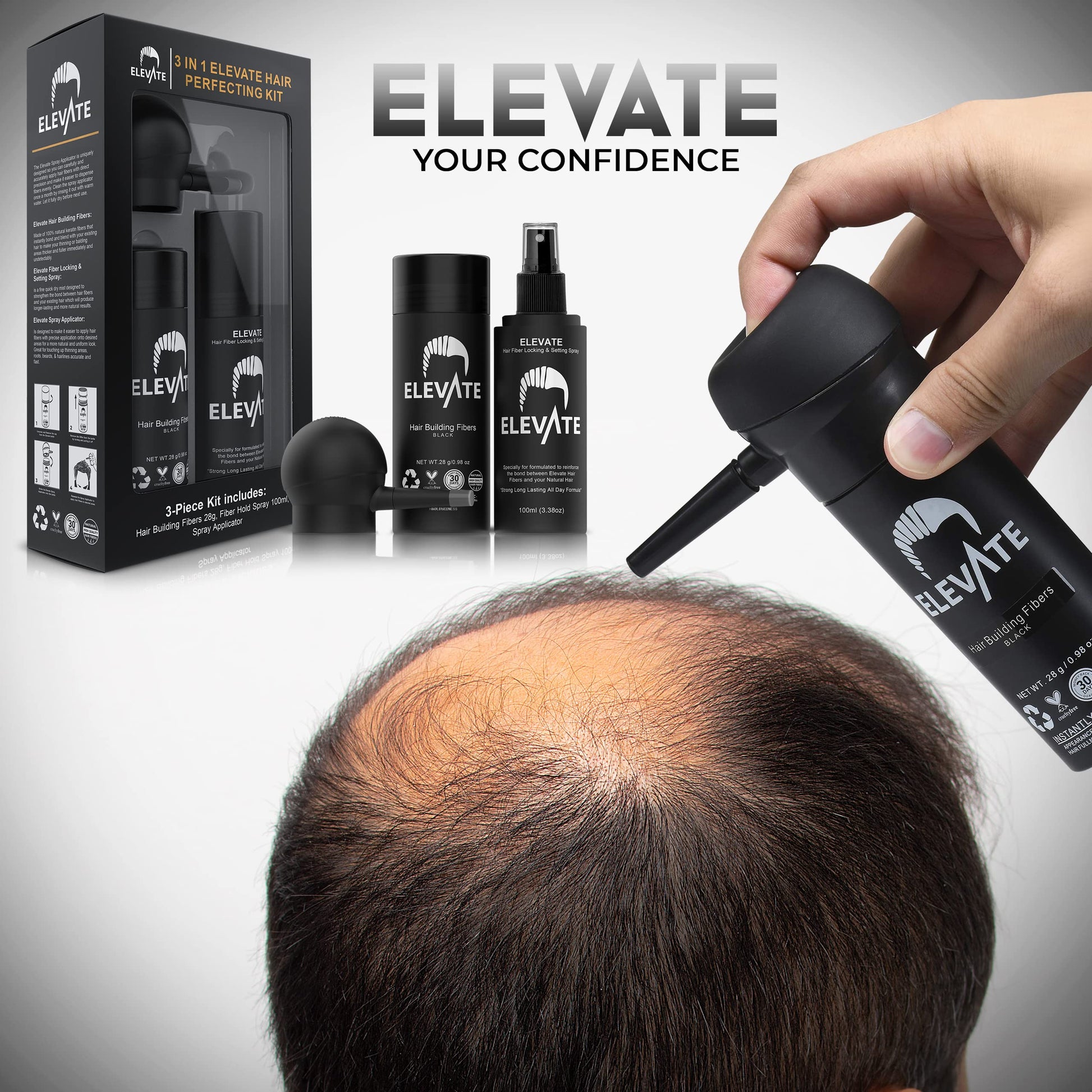 Close up view of the 100 percent natural keratin black hair fibers texture and premium applicator pump