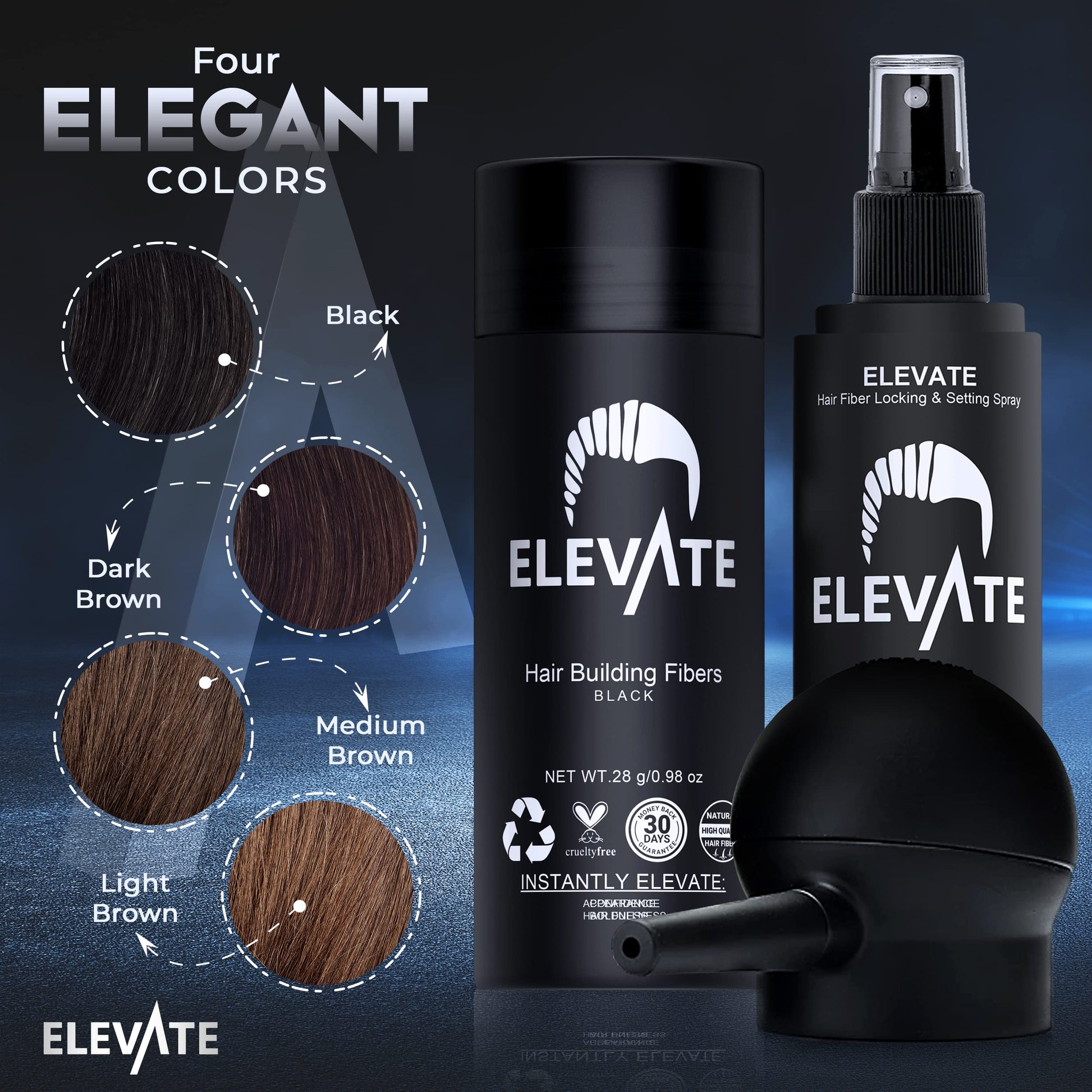 ELEVATE hair perfecting kit showing the sleek black bottle design and international imported product labels