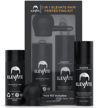 Full view of the ELEVATE three in one hair loss concealer set featuring premium wind and sweat resistant formula