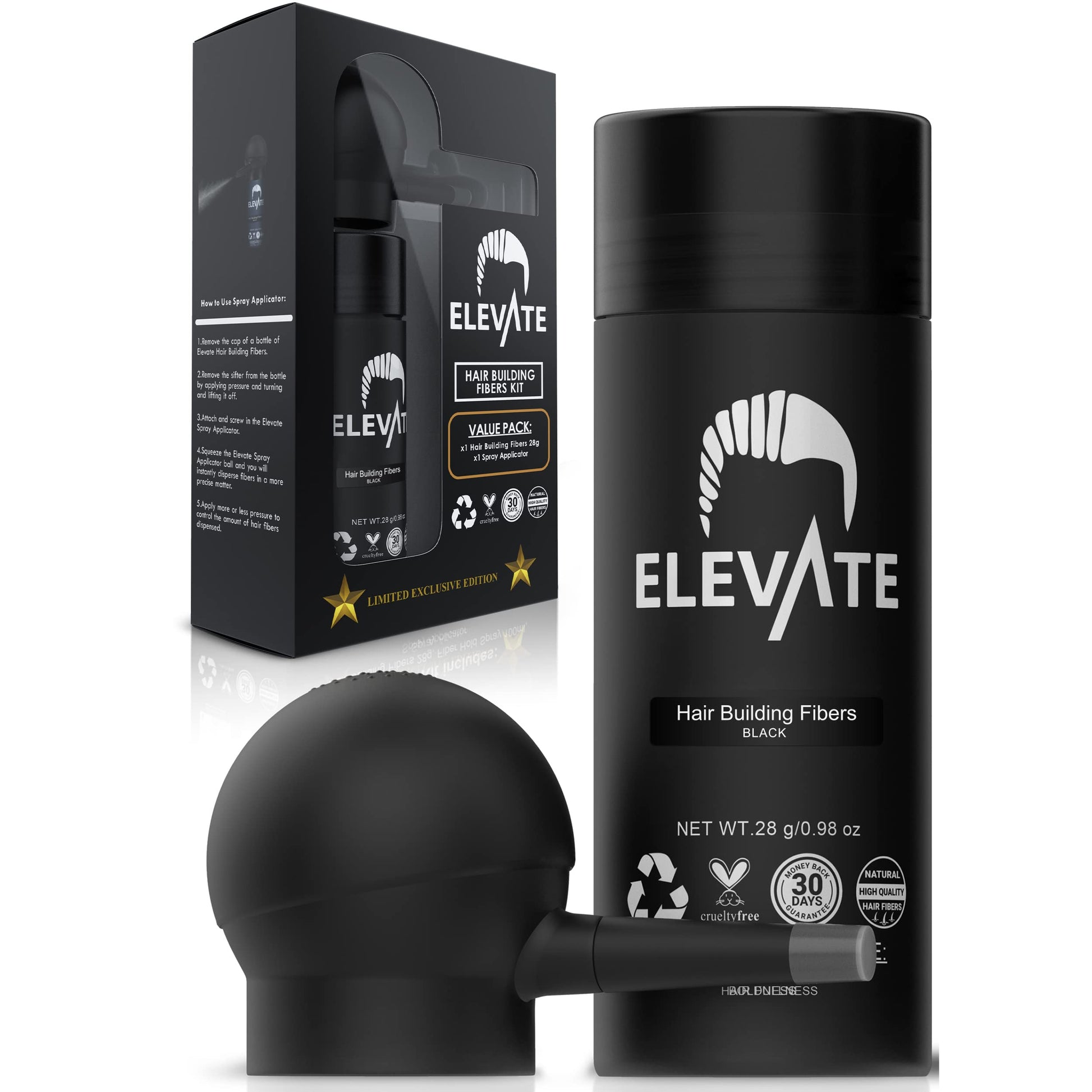 Elevate natural black hair building fibers being applied to thinning crown area with the precision spray pump