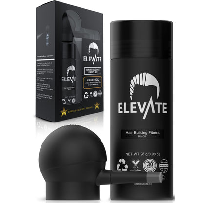 Elevate natural black hair building fibers being applied to thinning crown area with the precision spray pump