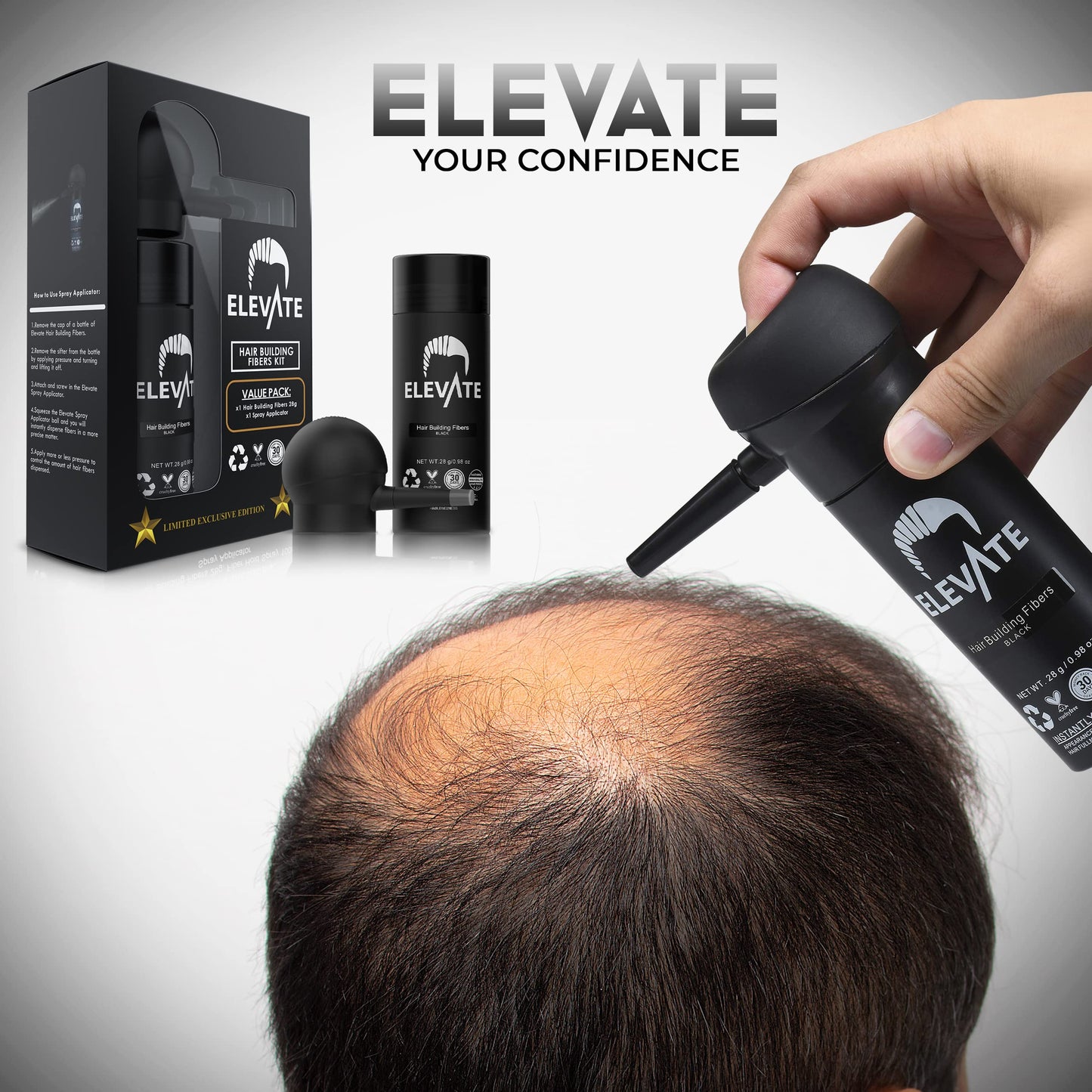 Close up of Elevate keratin hair fibers container with the premium applicator nozzle attached