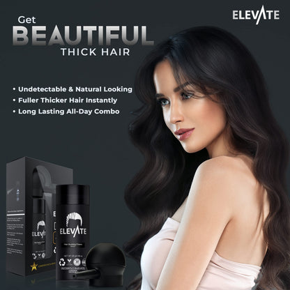 Before and after visual comparison of thinning hair filled in using Elevate black hair thickening concealer