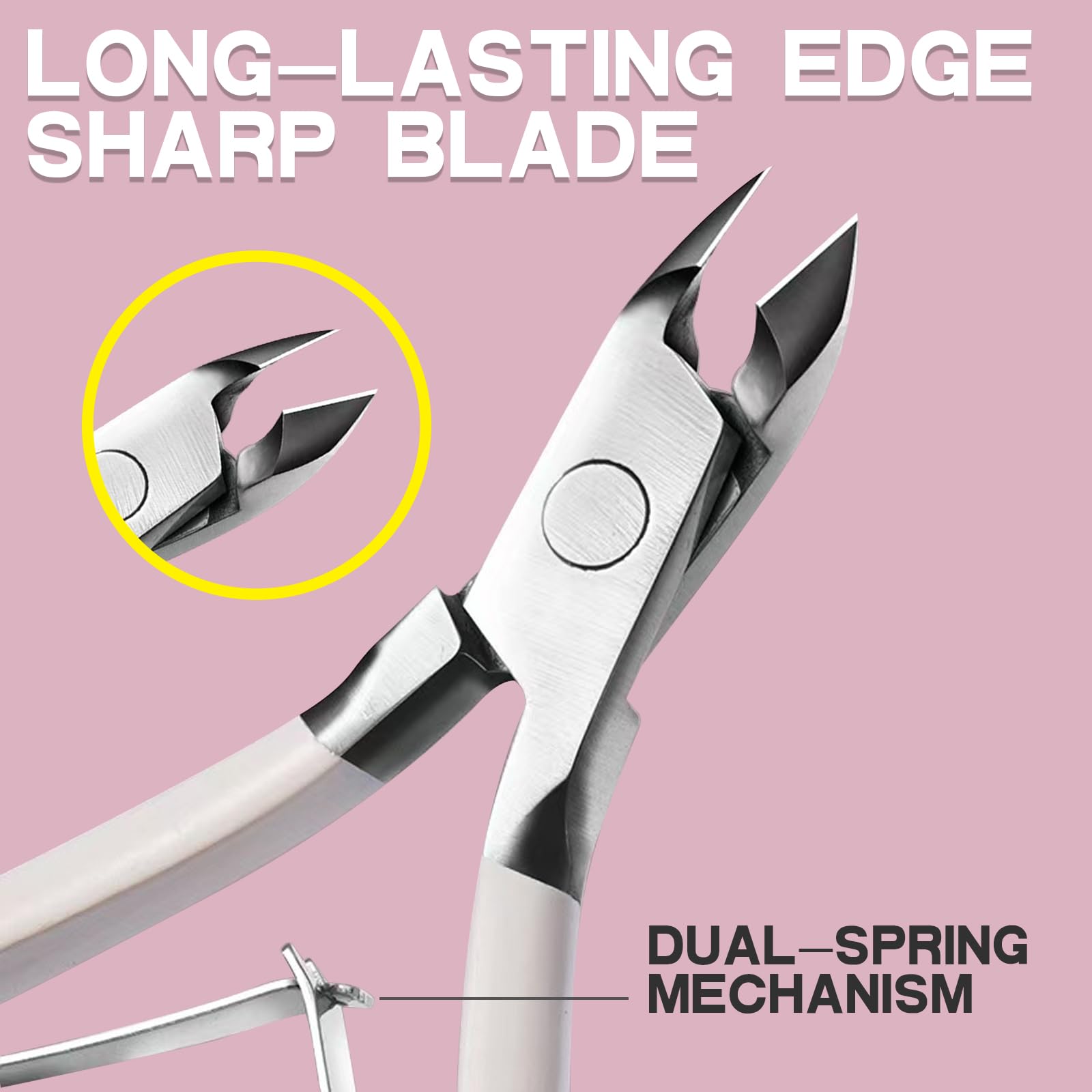 Close up view of the sharp gradient pink stainless steel cuticle nipper jaw