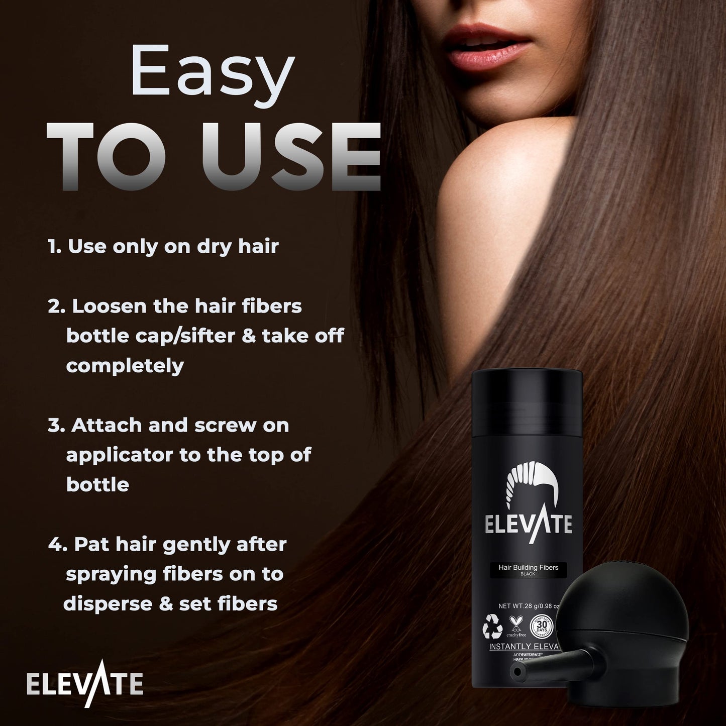 Side view of Elevate hair fibers spray nozzle demonstrating controlled application on the hairline