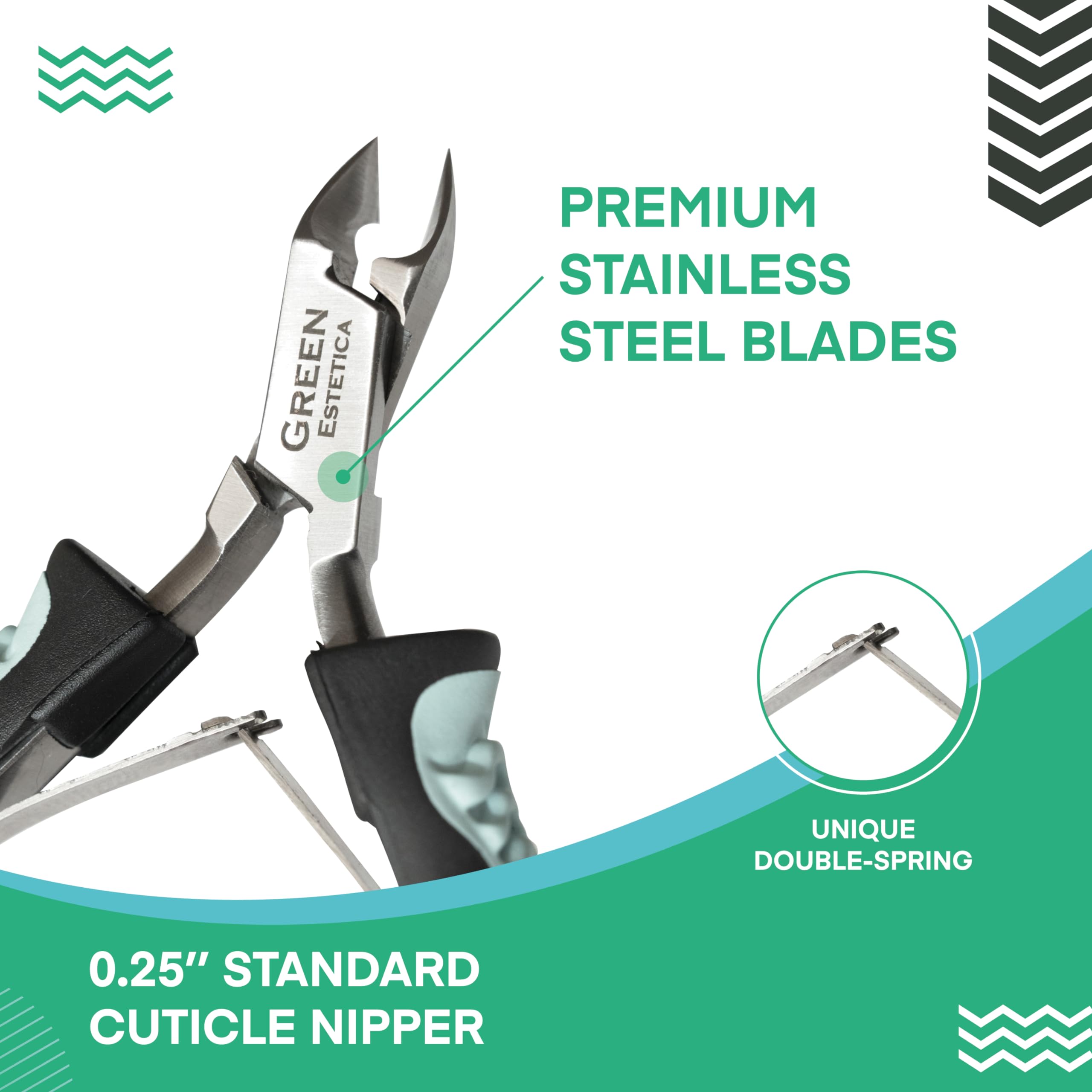 Close up view of the sharp ultra thin surgical steel cutting blades on the cuticle nipper