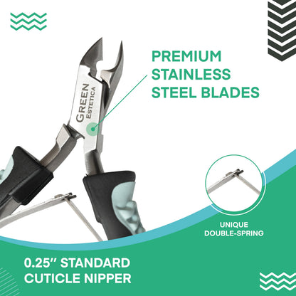 Close up view of the sharp ultra thin surgical steel cutting blades on the cuticle nipper