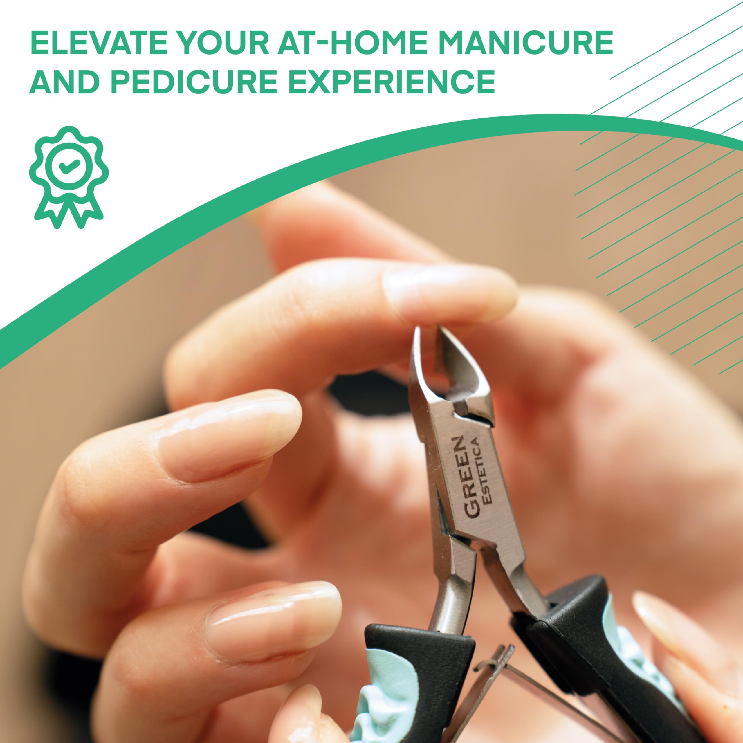 Green Estetica cuticle trimmer being used safely to clip dead skin around the fingernail