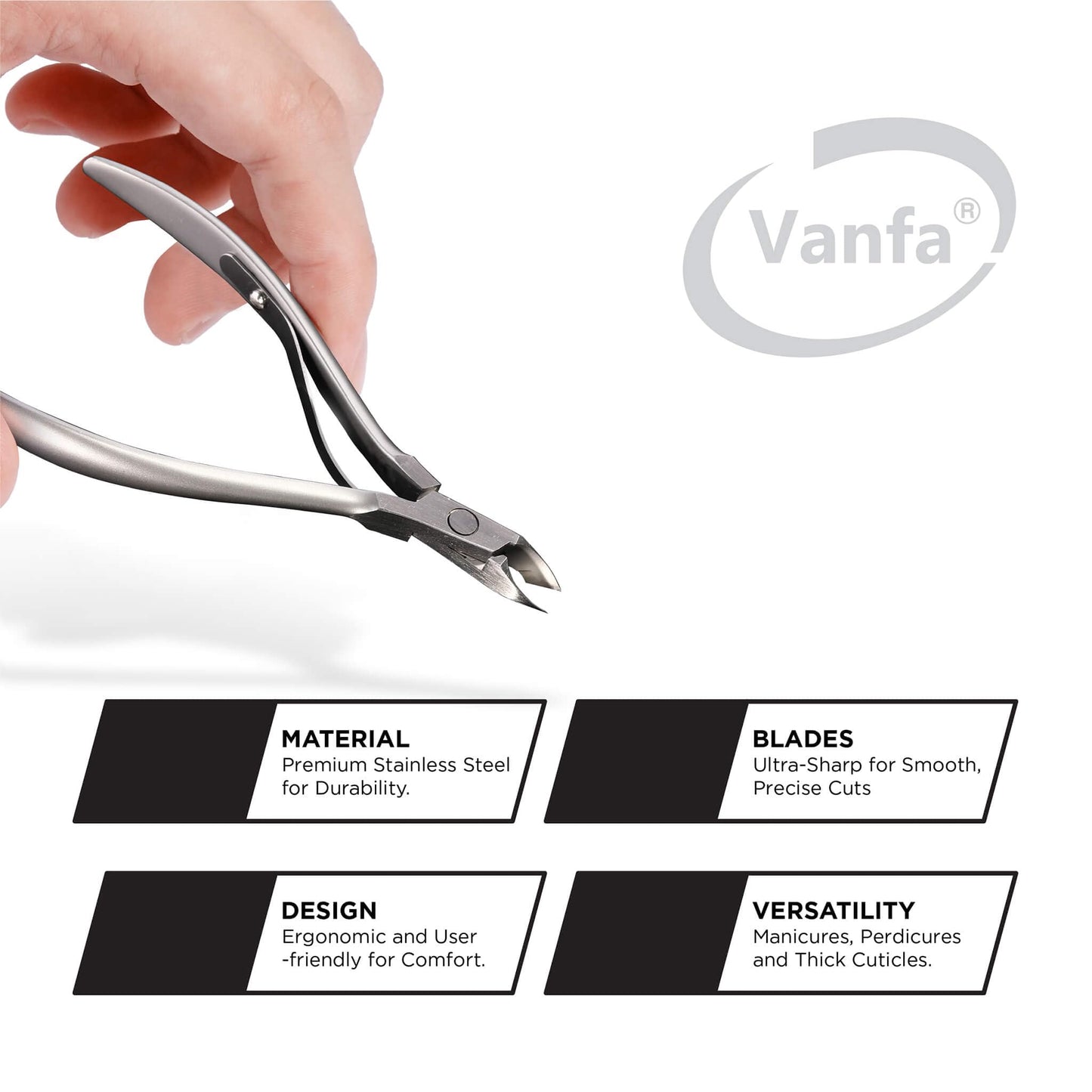 Vanfa Cuticle Cutter close up view of the sharp square head blades