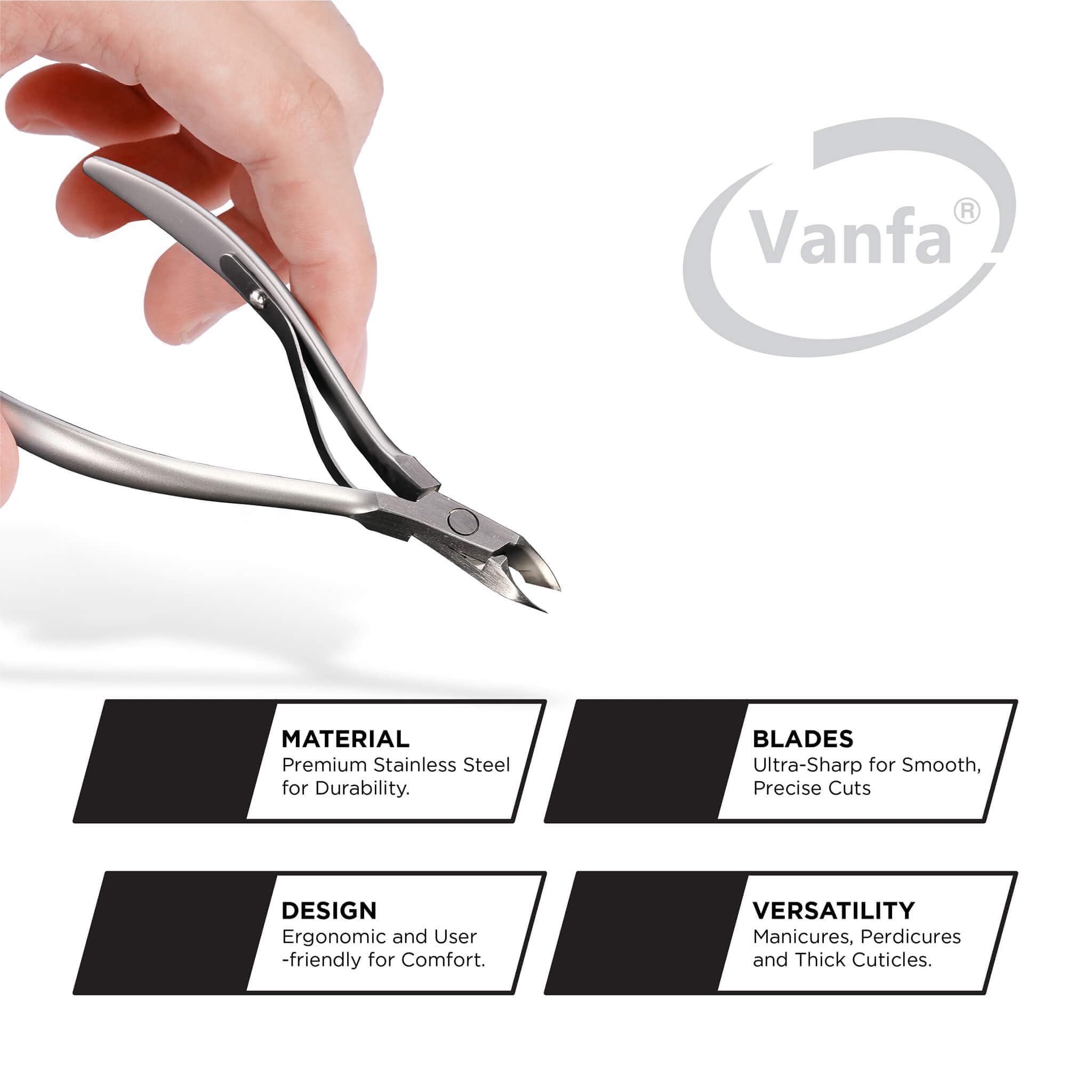 Vanfa Cuticle Cutter close up view of the sharp square head blades