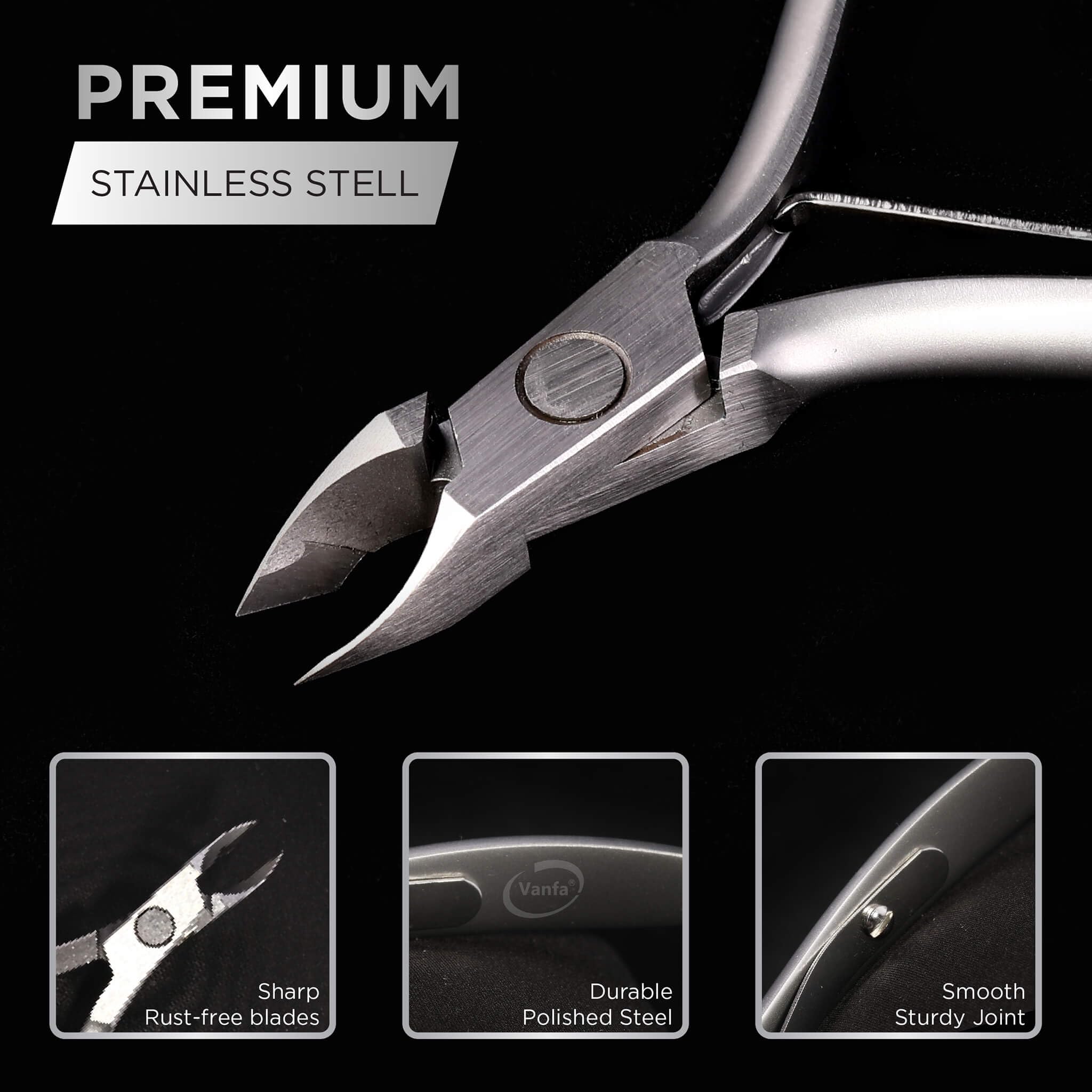 Vanfa Stainless Steel Manicure Scissors displaying the premium box jaw alignment