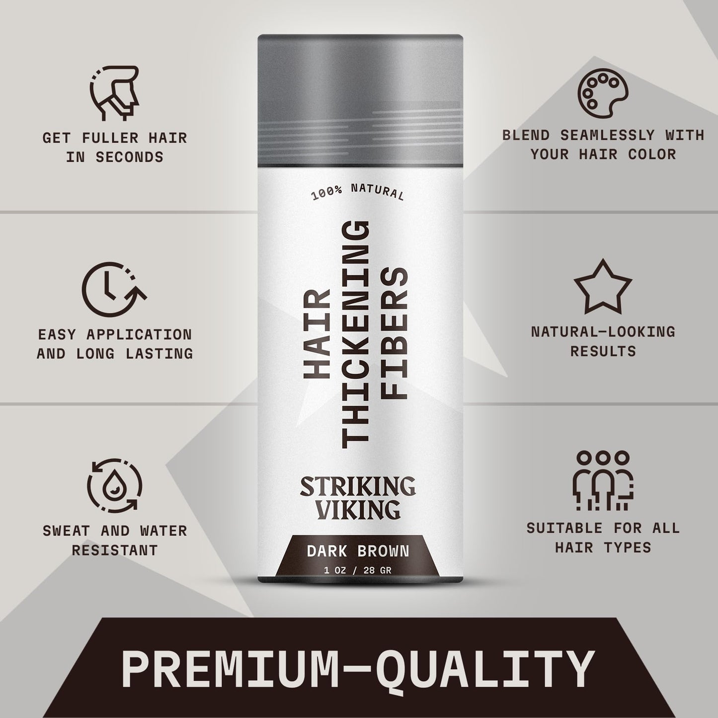 Striking Viking hair building powder bottle showcasing instructions and premium ingredients for thinning spots.