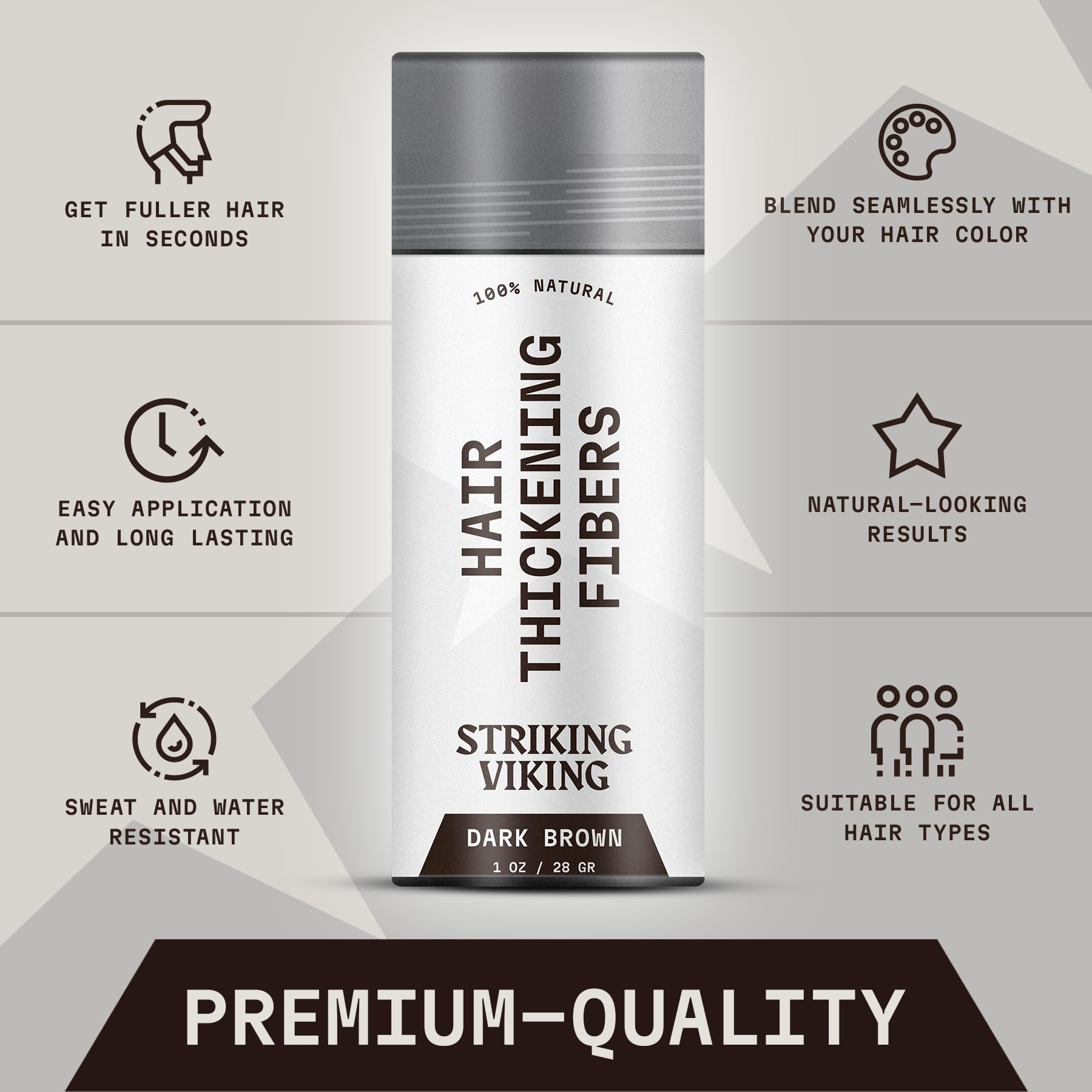 Striking Viking hair building powder bottle showcasing instructions and premium ingredients for thinning spots.