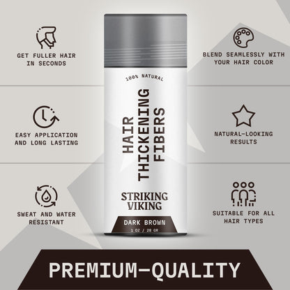 Striking Viking hair building powder bottle showcasing instructions and premium ingredients for thinning spots.
